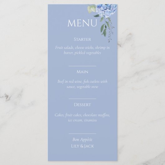 Elégant menu Mariage bleu beige Hydrangea (Devant)