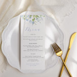 Elégant menu Mariage bleu clair<br><div class="desc">Menus de mariage élégants avec une bordure supérieure de fleurs d'aquarelle bleu clair et de verdure et le titre "menu" en bleu clair police de calligraphie moderne,  Éditer avec vos noms,  date mariage et menu. Cliquez sur "customiser plus loin" pour ajuster la disposition.</div>