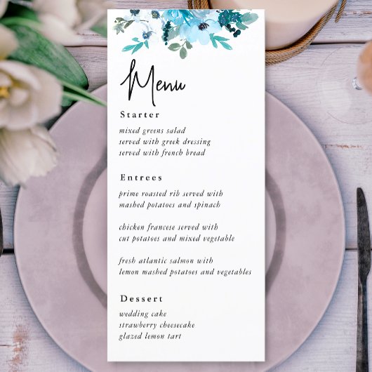 Elégant menu mariage bleu foncé