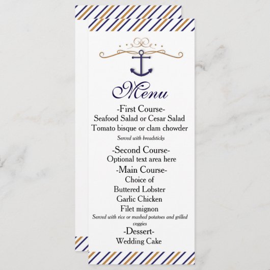 Elégant menu Mariage bleu or rayé Nautique (Devant / Derrière)