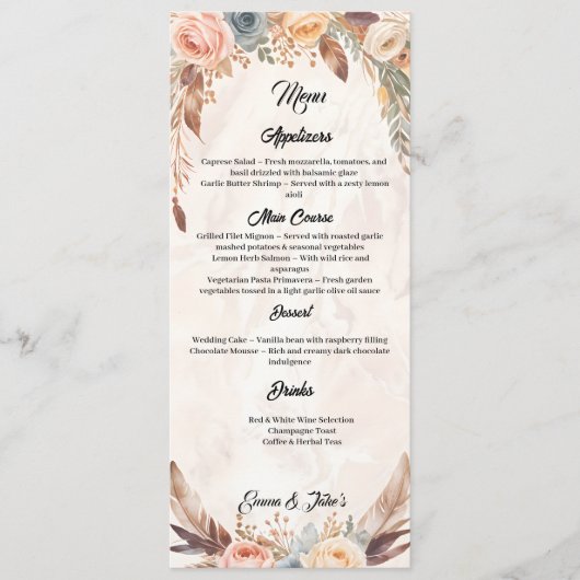 Elegant menu Mariage Boho (Devant)