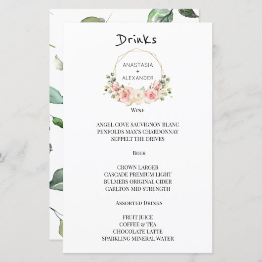 Élégant menu MARIAGE boissons. (Devant / Derrière)