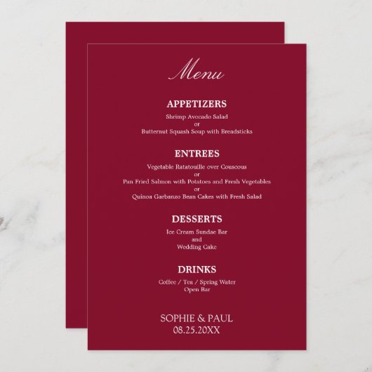 Elégant menu Mariage Bourgogne (Devant / Derrière)