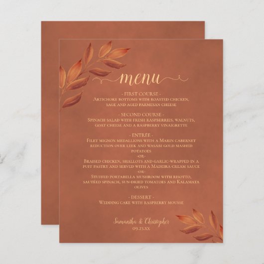 Élégant menu Mariage budget Feuille en terre cuite (Devant / Derrière)