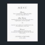 Élégant menu Mariage classique<br><div class="desc">Élégant menu mariage noir et blanc avec un design simple et minimal avec le titre dans une police serif traditionnelle et les en-têtes de cours dans un élégant script de calligraphie. Un style classique qui conviendra à merveille à une mariage officielle.</div>
