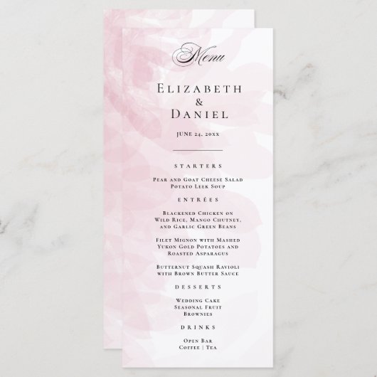 Élégant menu Mariage couleur rose pâle (Devant / Derrière)