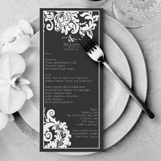 Élégant Menu Mariage damassé Floral Noir Et Blanc