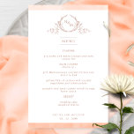 Élégant menu Mariage d'aquarelle de pêche monogram<br><div class="desc">Bienvenue à vos invités à leur table avec cet élégant menu de mariage monogrammed, avec un exquis monogramme feuilleté dessiné à la main avec initiales de couple, et des bandes de bordure d'eau pêche. Retour avec belle aquarelle laver dans une variété de pêche, crème, corail et teintes orange poussiéreuses. Une...</div>