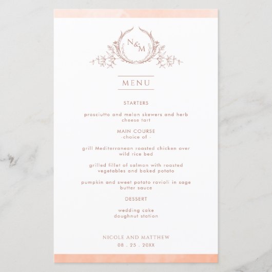 Élégant menu Mariage d'aquarelle de pêche monogram (Devant)