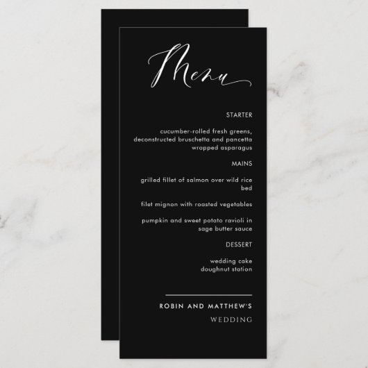 Élégant menu Mariage de calligraphie noir et blanc (Devant / Derrière)
