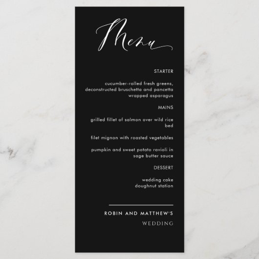 Élégant menu Mariage de calligraphie noir et blanc (Devant)