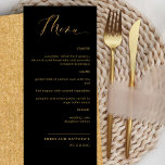 Élégant menu Mariage de calligraphie noir et or<br><div class="desc">Elégant noir et or mariage ou dîner réception Carte menu. Contemporain, simple et élégant design avec belle calligraphie dorée moderne écrite à la main. Couleur arrière - plan avant et arrière en noir. Texte dans les tons dorés. Possibilité de changer la couleur de l'arrière - plan avant et/ou de l'arrière...</div>