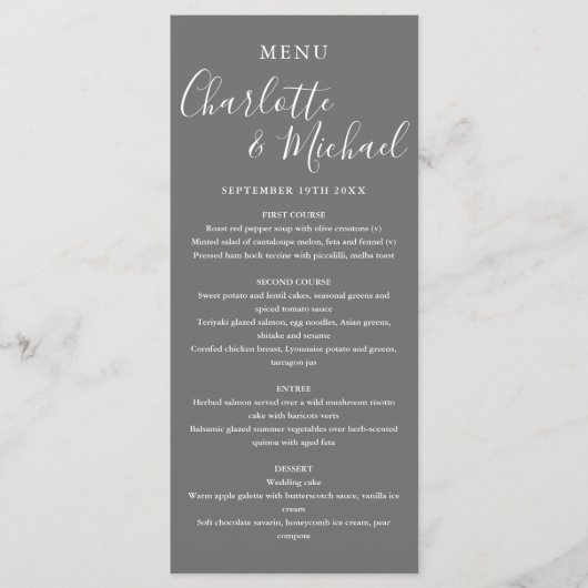 Élégant menu Mariage de script de signature gris (Devant)
