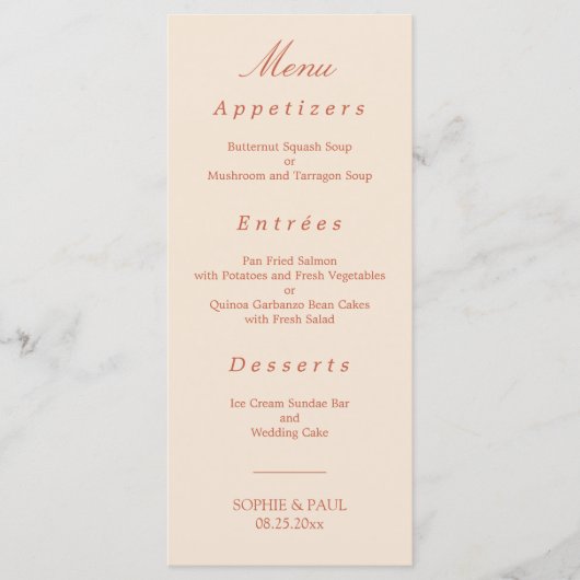 Élégant menu Mariage de script en terre cuite (Devant)