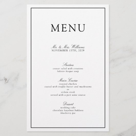 Élégant menu Mariage de script noir et blanc (Devant)