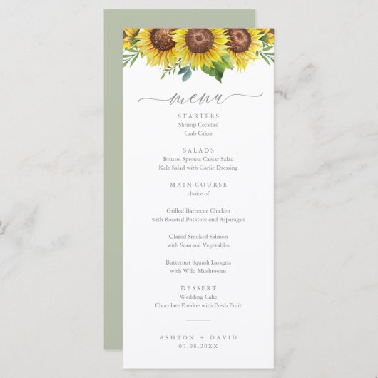 Elégant menu Mariage de tournesol d'aquarelle (Devant / Derrière)