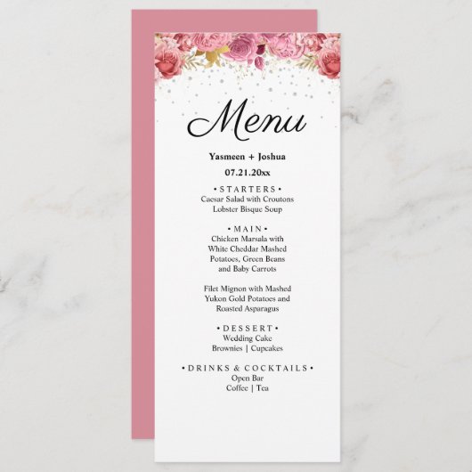 Elégant menu Mariage diamant et rose (Devant / Derrière)