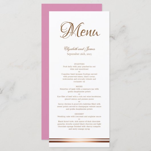 Élégant menu Mariage d'impression or simple (Devant / Derrière)