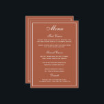 Élégant menu Mariage en terre cuite blanc Script<br><div class="desc">Une façon élégante de montrer à vos invités leurs options de menu. En terre cuite orange avec écriture blanche. Une police de script mariage a été combinée avec un style moderne toutes les polices casquettes créant un menu mariage élégant et convivial. Un grand espace a été alloué pour les options...</div>