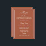 Élégant menu Mariage en terre cuite blanc Script<br><div class="desc">Une façon élégante de montrer à vos invités leurs options de menu. En terre cuite orange avec écriture blanche. Une police de script mariage a été combinée avec un style moderne toutes les polices casquettes créant un menu mariage élégant et convivial. Un grand espace a été alloué pour les options...</div>