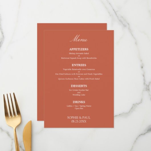 Élégant menu Mariage en terre cuite élégant (Devant/Arrière en situation)