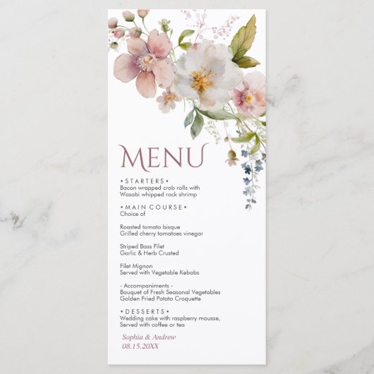 Élégant menu Mariage Fleur sauvage rustique (Devant)