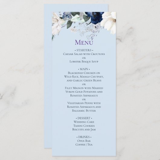Elégant menu Mariage Floral Bleu (Devant / Derrière)