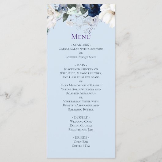 Elégant menu Mariage Floral Bleu (Devant)