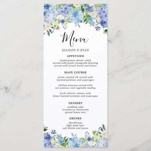 Élégant menu Mariage Floral Hydrangea bleu (Devant)