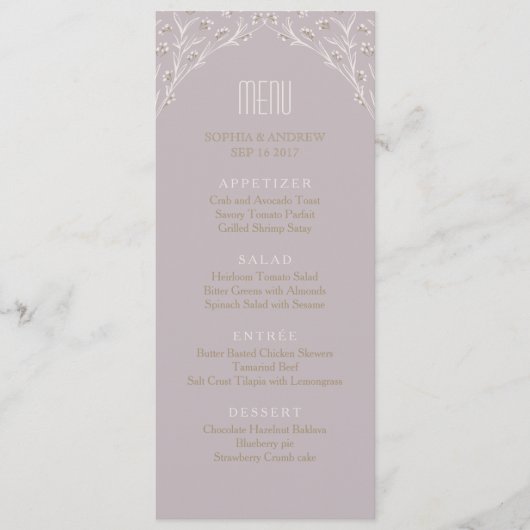 Élégant menu mariage floral lilas rustique (Devant)