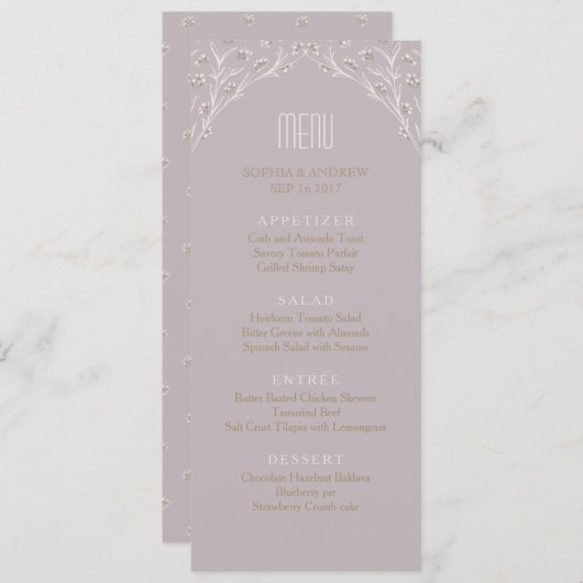 Élégant menu mariage floral lilas rustique (Devant / Derrière)