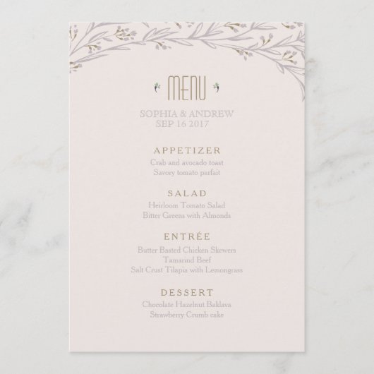 Élégant menu mariage floral lilas rustique (Devant)