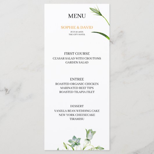 Élégant menu Mariage Floral Olive Green (Devant)