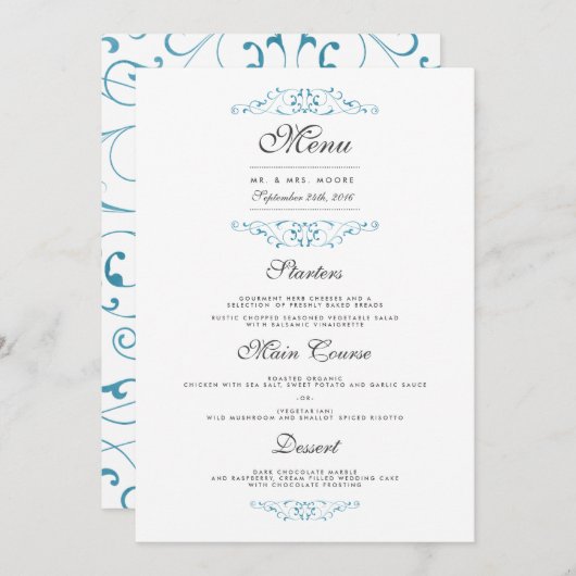 Elégant menu Mariage Flourish Blue Dinner Menu (Devant / Derrière)