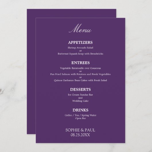 Élégant menu Mariage foncé violet élégant (Devant / Derrière)