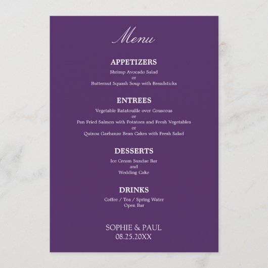 Élégant menu Mariage foncé violet élégant (Devant)