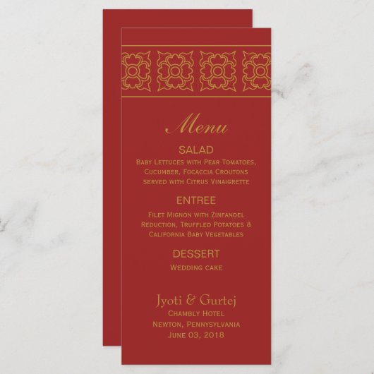 Élégant menu Mariage indien à motifs (Devant / Derrière)