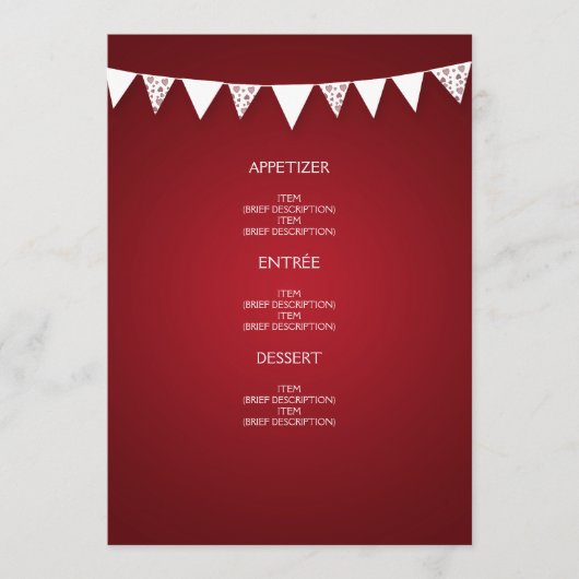Élégant menu Mariage Love Bunting Red (Devant)
