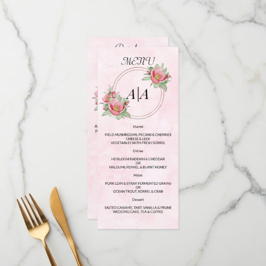 Élégant MENU MARIAGE. Menu (Devant/Arrière en situation)