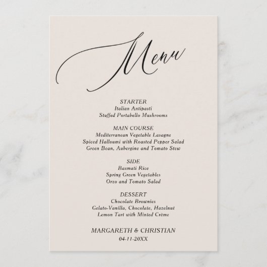 Elégant menu Mariage minimaliste de sable (Devant)