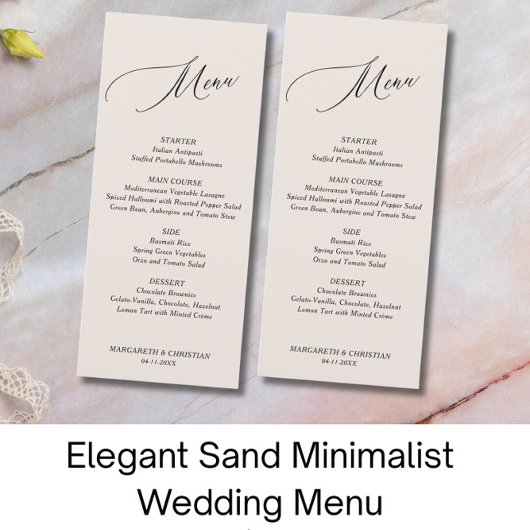 Elégant menu Mariage minimaliste de sable