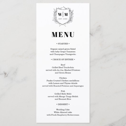 Élégant menu Mariage Monogramme Crest (Devant)