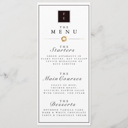 Élégant menu Mariage noir blanc & or en bande (Devant)