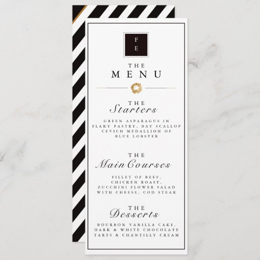 Élégant menu Mariage noir blanc & or en bande (Devant / Derrière)