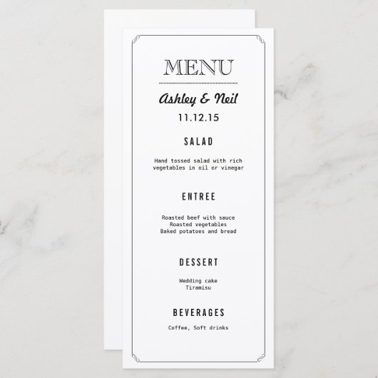 Élégant menu Mariage noir et blanc (Devant / Derrière)