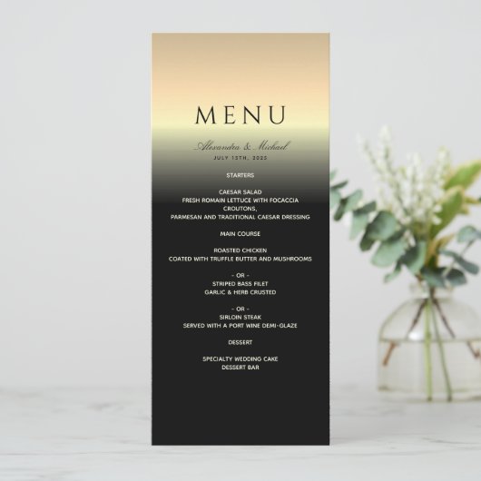 Élégant menu Mariage noir et or (Debout devant)