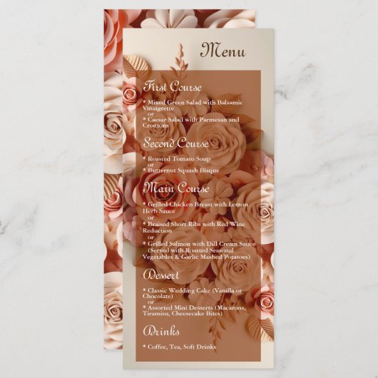Elégant menu Mariage plat avec fleurs 3D (Devant / Derrière)