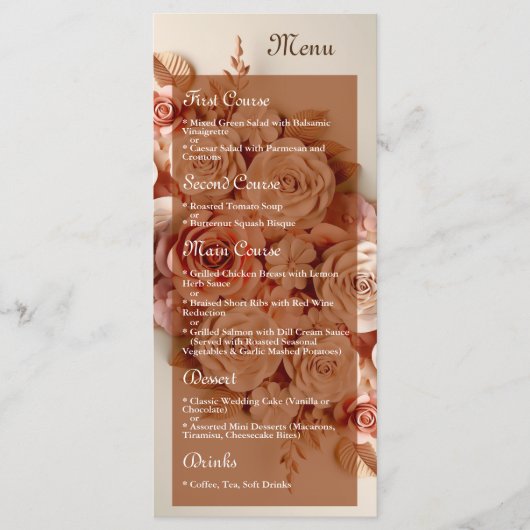 Elégant menu Mariage plat avec fleurs 3D (Devant)