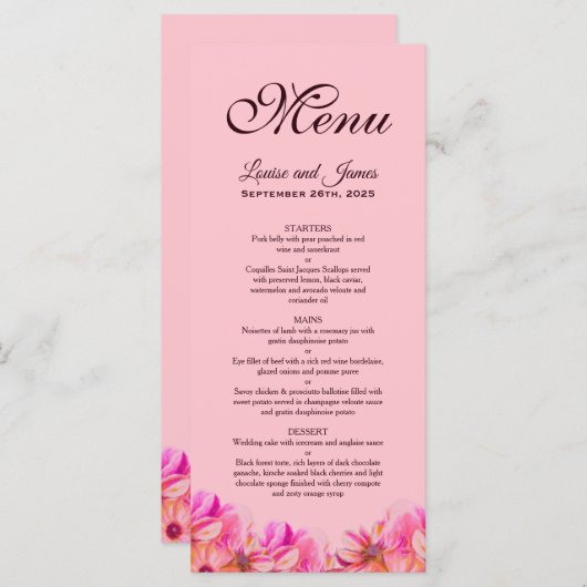 Elégant menu Mariage rose et jaune (Devant / Derrière)