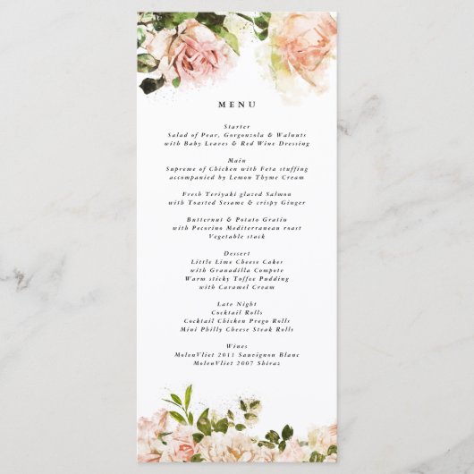 Élégant menu Mariage Rose Romance (Devant)